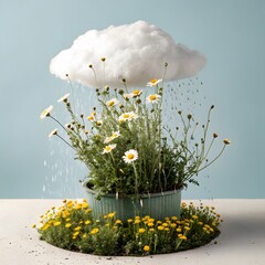 Whimsical Floral Display Daisies and Golden Buttercups Under Artificial Rain A Creative Springtime Composition of Beauty
