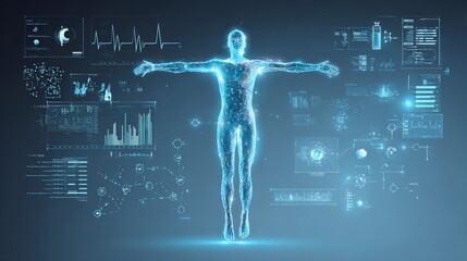 Holographic human figure with extended arms surrounded by futuristic medical icons, digital data charts, and molecules, symbolizing AI-driven health technology and biometric diagnostics