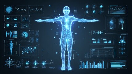 Holographic human figure with extended arms surrounded by futuristic medical icons, digital data charts, and molecules, symbolizing AI-driven health technology and biometric diagnostics