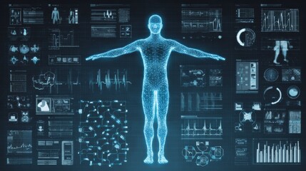 Holographic human figure with extended arms surrounded by futuristic medical icons, digital data charts, and molecules, symbolizing AI-driven health technology and biometric diagnostics