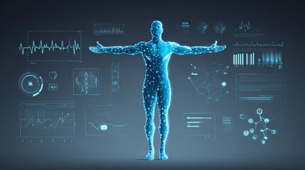 Holographic human figure with extended arms surrounded by futuristic medical icons, digital data charts, and molecules, symbolizing AI-driven health technology and biometric diagnostics