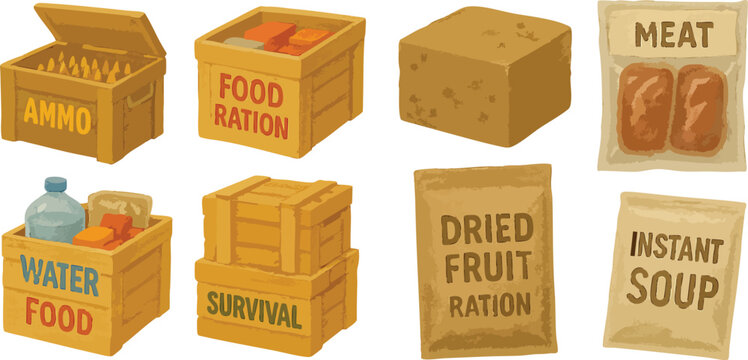 Military Ammo Boxes and Survival Food Rations in Colorful Loose Watercolor Style Tactical War Supplies and Emergency Gear Illustration | Generative AI