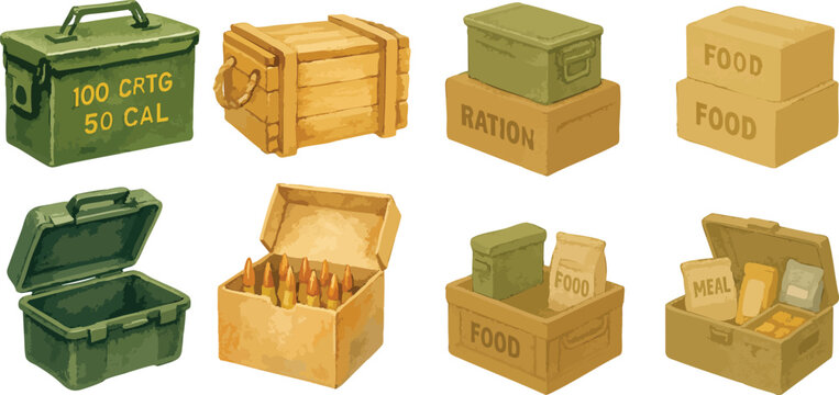 Military Ammo Boxes and Survival Food Rations in Colorful Loose Watercolor Style Tactical War Supplies and Emergency Gear Illustration | Generative AI