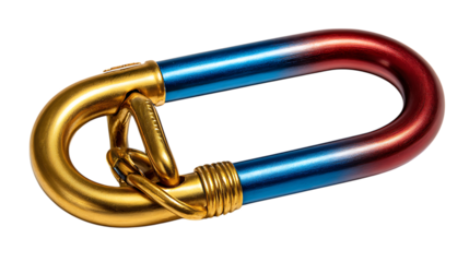 Close up of a metallic climbing carabiner with a gold gate and a blue to red gradient body isolated on transparent background