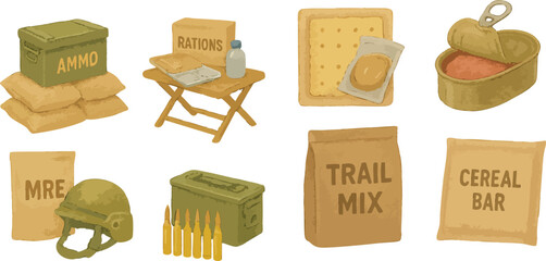 Military Ammo Boxes and Survival Food Rations in Colorful Loose Watercolor Style Tactical War Supplies and Emergency Gear Illustration | Generative AI