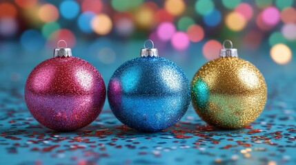 Three glittery Christmas ornaments in red, blue, and gold