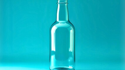 Fototapeta premium Empty glass bottle standing upright with subtle reflections on a turquoise-blue background.
