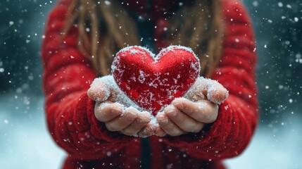 Hands holding a red heart in the snow