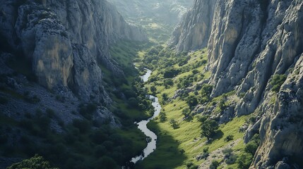Green valley with a narrow river snaking between towering cliffs