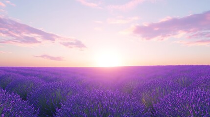Lavender field stretching to the horizon under a soft purple sunset