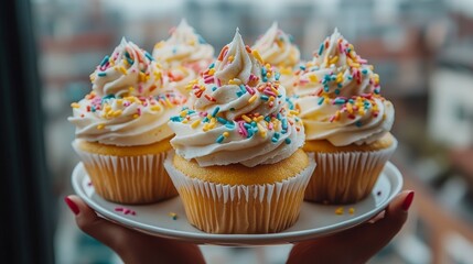 Delicious cupcakes with frosting and colorful sprinkles on plate