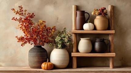 Wooden ladder shelf arranged with autumnal decor elements, warm wood tones and seasonal colors creating lifestyle scene, perfect for interior design and product mockups.