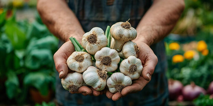 A farmer proudly displays a handful of freshly harvested garlic bulbs.