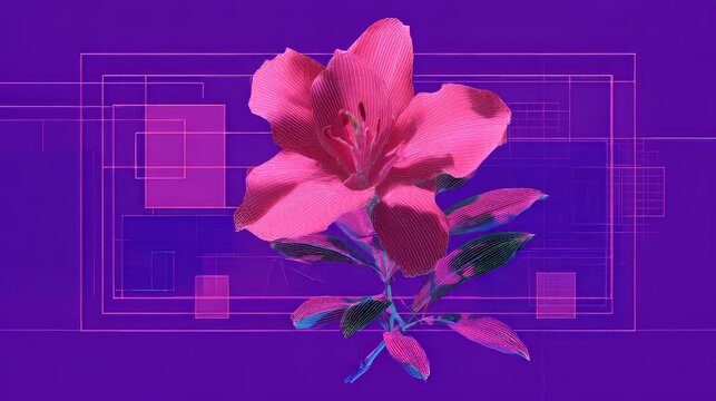 Abstract low-poly pink flower in neon glowing environment with geometric shapes, sharp detail, and isometric composition, combining retro 80s aesthetics with minimal futuristic design