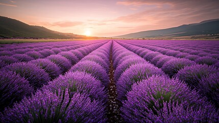 Lavender field stretching to the horizon under a soft purple sunset