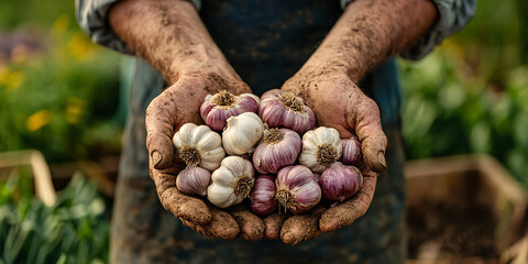 Obraz premium A farmer shows off his harvest of freshly picked garlic bulbs.