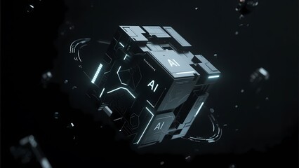 Futuristic AI Cube with Glowing Lines and AI Text in Dark Space.