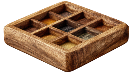 Square wooden box with nine compartments filled with fibers