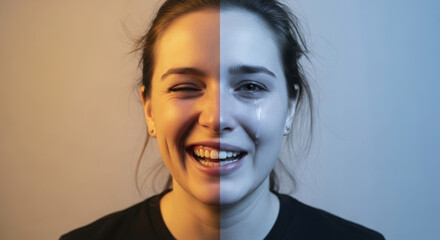 Split portrait of woman laughing and crying. emotional duality, masking pain, inner vs outer state concepts.