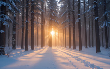 Sunlight shining through a snowy forest with footprints in the foreground creating long shadows