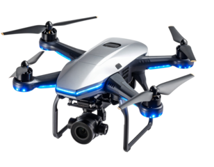 Futuristic Surveillance Drone with Blue LED Lights and Dual Rotors isolated on transparent background PNG