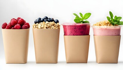 Five kraft food boxes side by side: berries, grains, smoothie, mint, and one empty. Clean white backdrop, natural feel.

