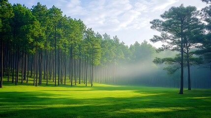 Lush green forest with morning mist covering the tall pine trees