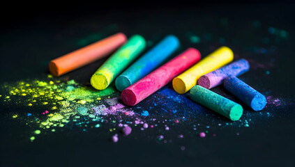 Colorful Chalk Sticks and Dust on Black Background