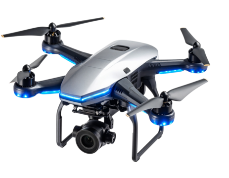 Futuristic Surveillance Drone with Blue LED Lights and Dual Rotors isolated on transparent background PNG