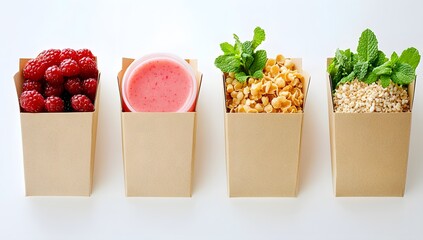 Minimal layout of kraft boxes with food: red fruit, grains, a pink drink, mint leaves, and one empty. Clean and white.

