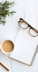 Notebook, coffee, and glasses arranged neatly on a white wood surface. Pastel palette, soft light, and minimal elegance.


