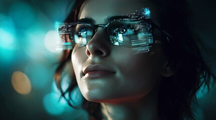 Futuristic woman wearing glowing smart glasses with holographic interface and digital patterns reflected on her face, illuminated by blue light in a sci-fi inspired abstract environment