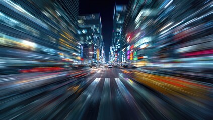 Night city street viewed from a fast-moving vehicle, showing blurred lights and buildings, with a sense of speed and urban energy