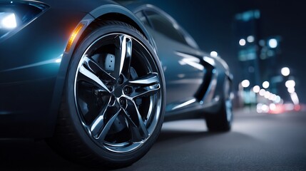 Sleek sports car at night with blurred city lights in background focus on rim
