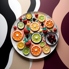 Colorful top view of abstract fruit mosaic art with citrus slices and berries on retro wavy background.