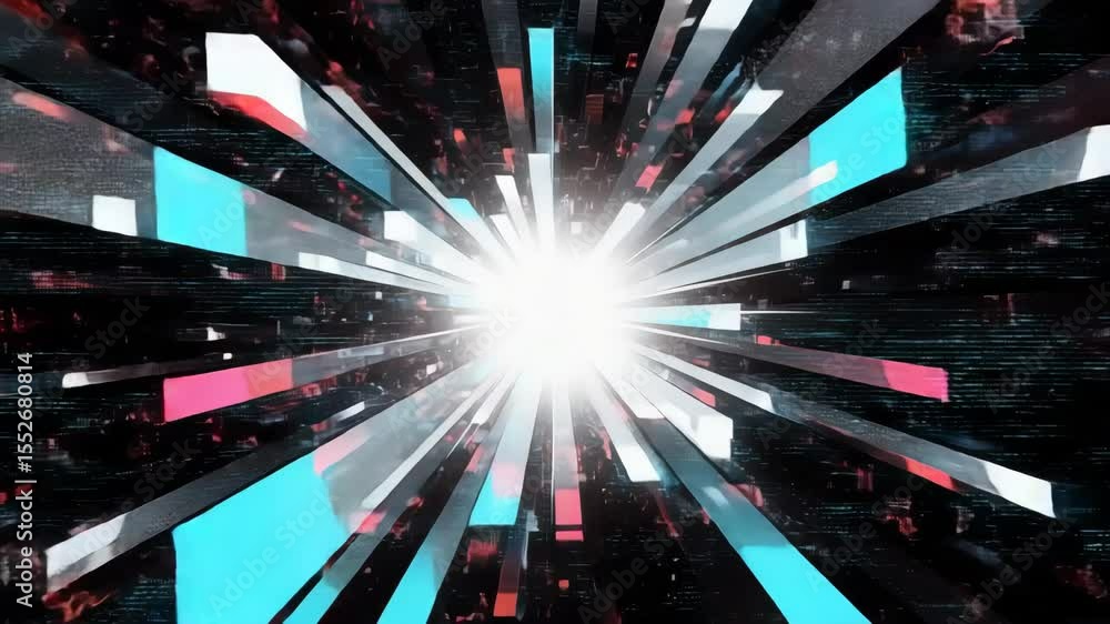 Poster dynamic visuals showcase an explosion of light and geometric shapes in a digital landscape. the vibr