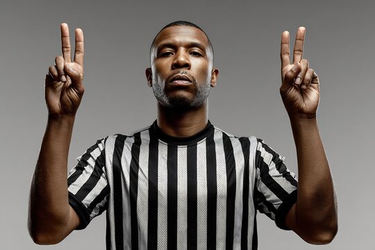 Professional Basketball Referee Is Standing Upright, Both Arms Extended Straight Above Head With Three Fingers Raised, Signaling A Successful Three-Point Shot. His Face Is Neut