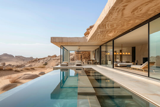 Modern desert villa carved into sandstone cliffs with glass walls and infinity pool overlooking golden dunes.