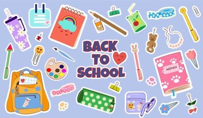 Colorful "Back to School" Set of school supplies and education stickers with cute school supplies, stationery, and playful design elements. Perfect for kids, promotions, and educational campaigns. 