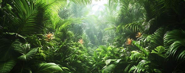 Lush tropical rainforest with dense green foliage and exotic flowers