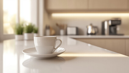 Obraz premium White coffee cup with saucer and spoon on kitchen table in the morning