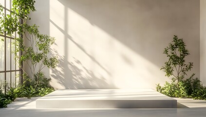 Beige room with soft trees, glass light, and a clean stage. A bright, warm feel with plant life and soft sun beams.

