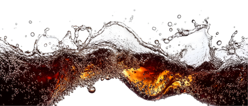 Refreshing splash of dark beverage showing dynamic liquid motion against a stark transparent background capturing energy and refreshment.