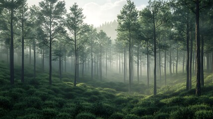 Lush green forest with morning mist covering the tall pine trees