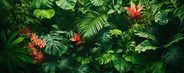 Lush tropical rainforest with dense green foliage and exotic flowers