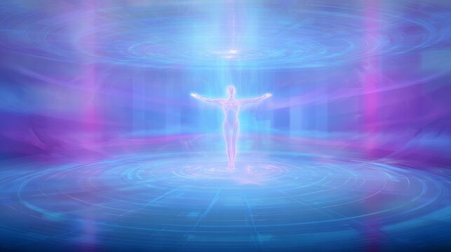 Glowing holographic ethereal figure standing in center with soft blue and purple lights on a digital grid background, expressing a tranquil and spiritual atmosphere with smooth light gradients