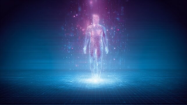 Glowing holographic ethereal figure standing in center with soft blue and purple lights on a digital grid background, expressing a tranquil and spiritual atmosphere with smooth light gradients