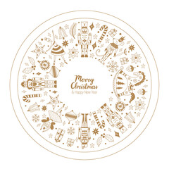 Сhristmas circle composition in Scandinavian style with traditional Christmas and New Year elements. Сute motifs from the ballet Nutcracker. Vector template. Retro design. Gift boxes