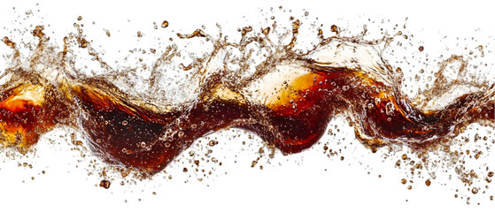 Dynamic wave of refreshing cola liquid splashes against a stark transparent background creating an energetic beverage design element.