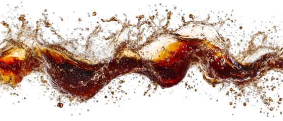 Dynamic wave of refreshing cola liquid splashes against a stark transparent background creating an energetic beverage design element.